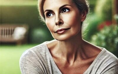 Retrato de uma mulher de meia-idade ao ar livre, num jardim, com expressão serena