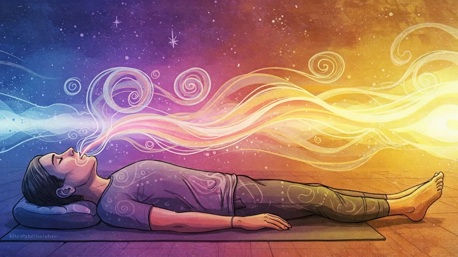 Ilustração de uma pessoa deitada em posição de relaxamento, com o fluxo da respiração desenhado em faixas coloridas saindo do rosto