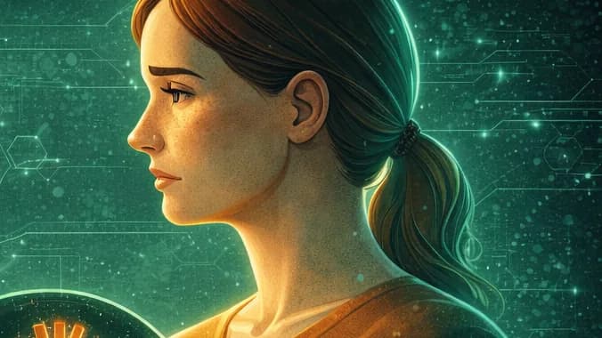Ilustração de uma mulher de perfil sobre fundo digital, com o intestino e o coração em destaque