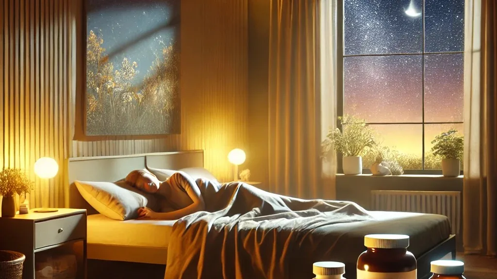 Quarto à noite com uma pessoa dormindo e frascos de suplemento sobre a mesa em primeiro plano