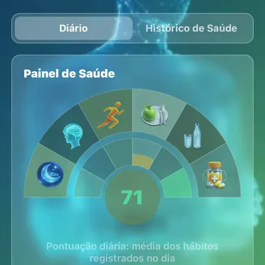 Tela do aplicativo: o painel do dia, com os seis pilares em arco e a pontuação dos hábitos registrados