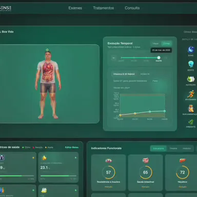 Painel da plataforma: a figura do corpo, a evolução no tempo e os cartões de métricas de saúde
